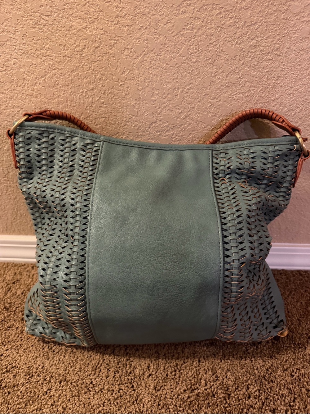 Teal Woven PU Leather Shoulder Bag with Brown Handle